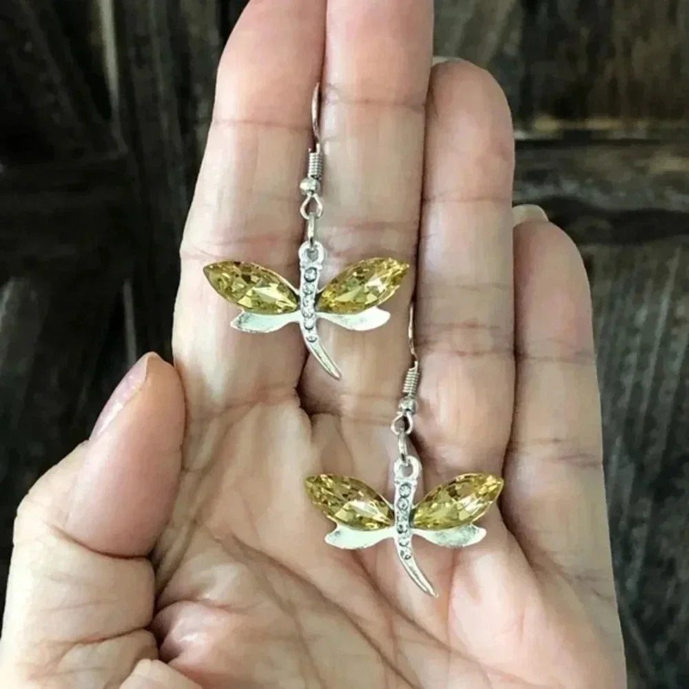 3 for $25/ Amber Yellow Crystal Silver Dragonfly Drop Earrings NWT